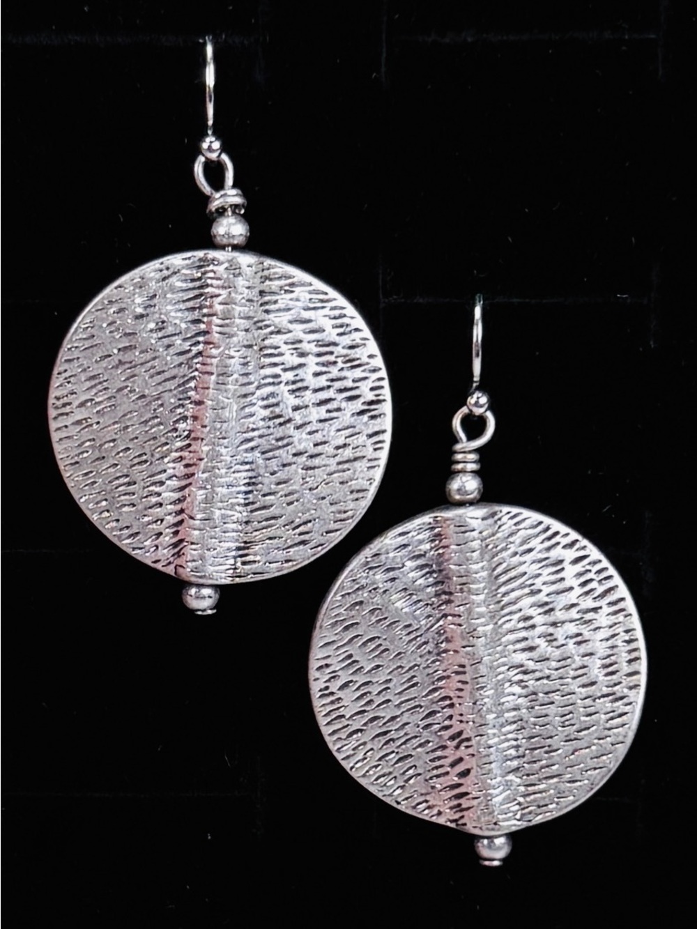 Silver Tone Textured Round Weighted Pierced Drop Earrings